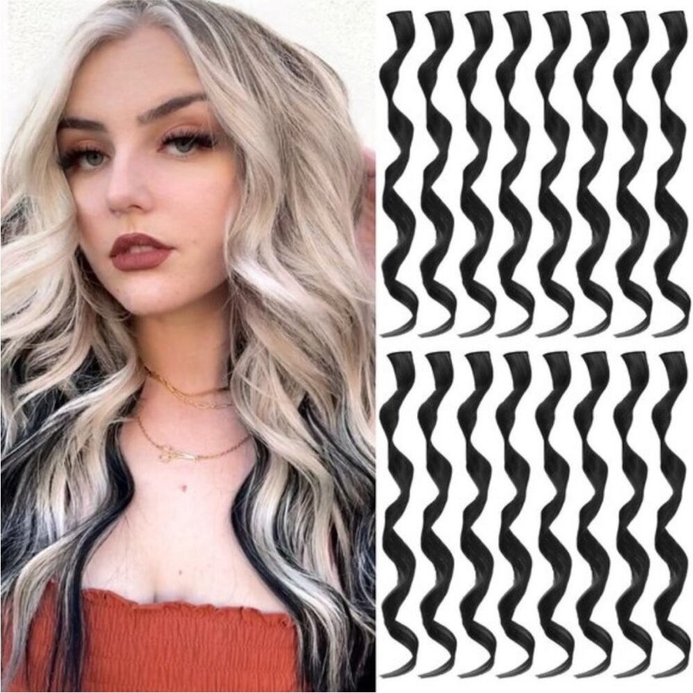 New 16PCS Curly Wavy Black Streaks Synthetic Hairpiece Clip-in Hair Extensions